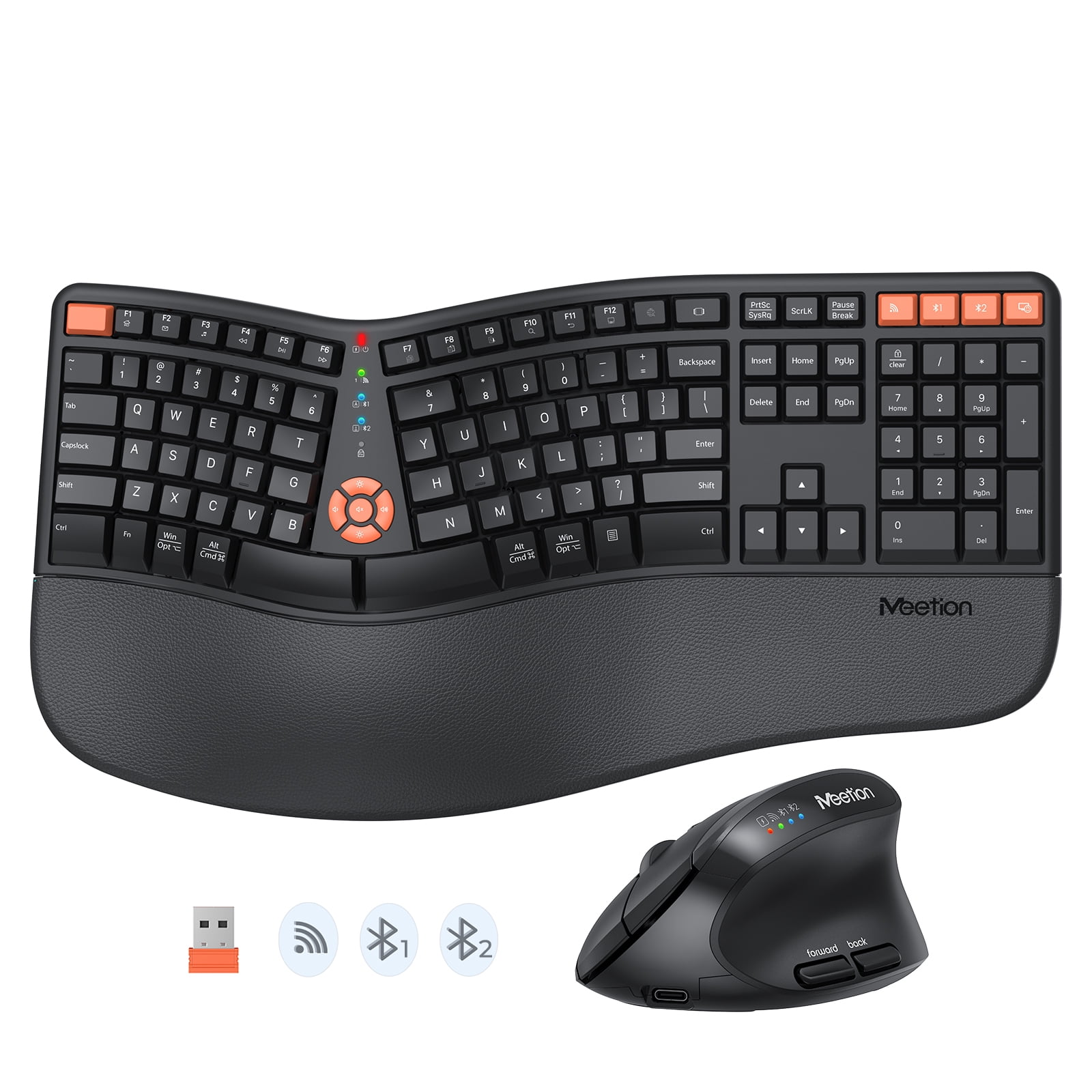 Meetion DirectorC Ergonomic Wireless Split Design USB-C Rechargeable Computer Keyboard \u0026 Mouse Sets with Cushioned Palm Rest, Black